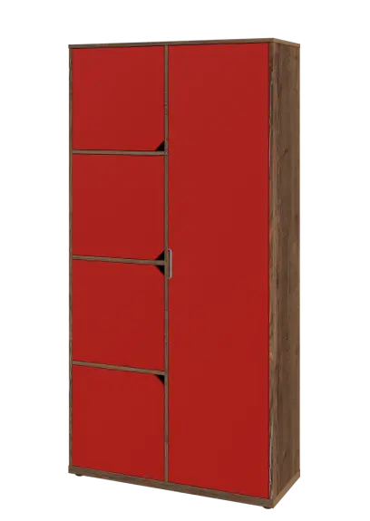 KSR6-82 P skříň šatní, 1x výsuvné ramínko, 4x dvířka, 2053x1022x400 mm, provedení pravé, dub halifax cínový/červená